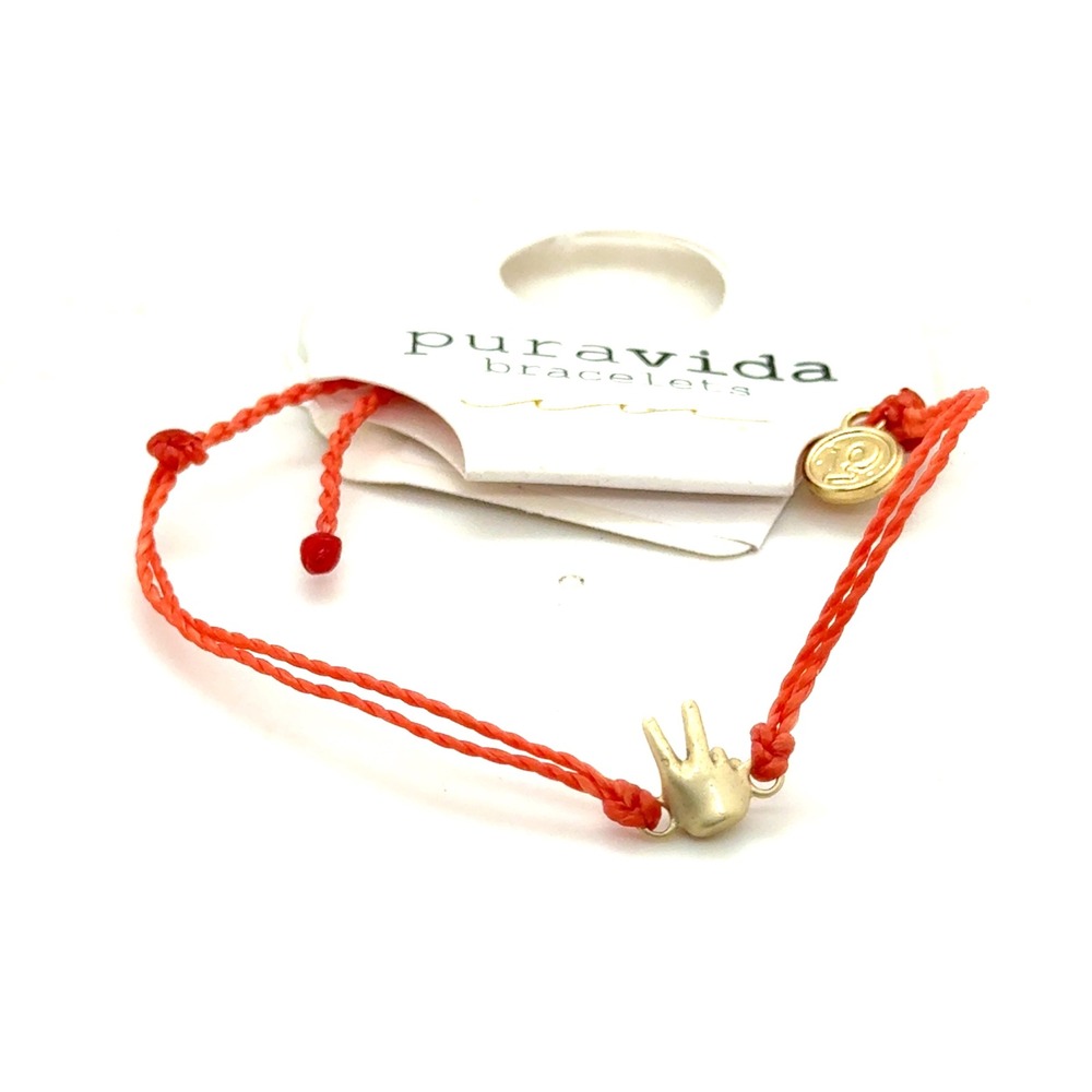 Pura Vida Golden Peace Sign Charm Bracelet Coral Orange Adjustable New